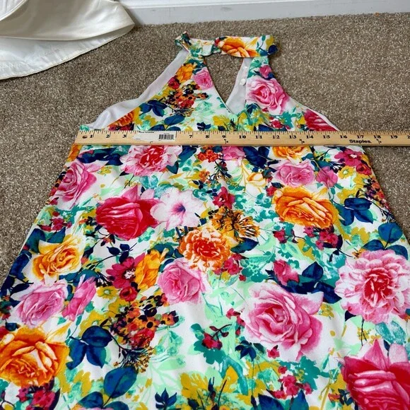 Peach Love dress floral print halter neck short open V back & front SZ MD summer - Picture 6 of 9